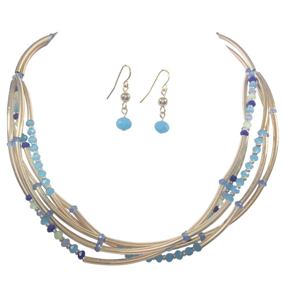 🔴 CLEARANCE Blue Glass Bead Tube Gold Necklace Earrings Set